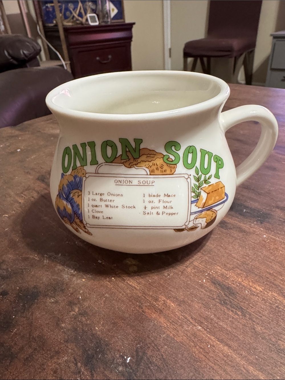 EUC Cream Onion Soup Mug with Green Lettering